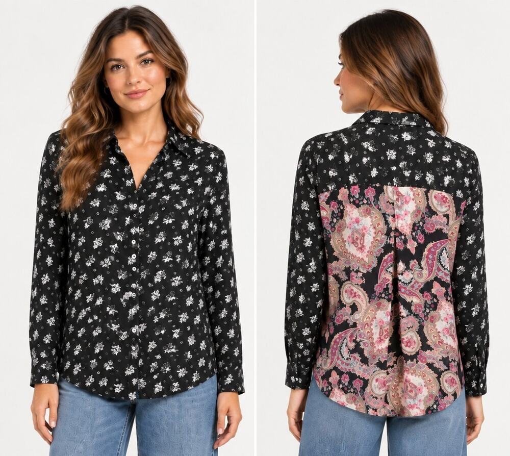 Cino Black Pink Floral Paisley Shirt Small